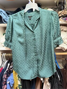 Ann Taylor Teal Green Satin Puff-Sleeve Blouse with Tie Neck